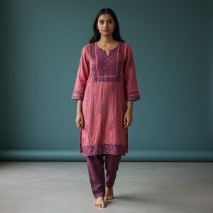 Aikya‎ Premium Punjabi Suit L 3pc Cotton Pink Purple Print Modest Ethnic Casual